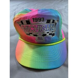 90s Vintage Michigan Speedway USA Hat OSFA Rainbow Neon Nylon Otto Cap